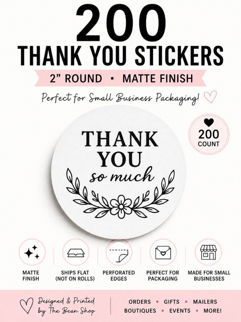 200 White 2inch Thank You Stickers Matte Small Business Packaging Labels Round
